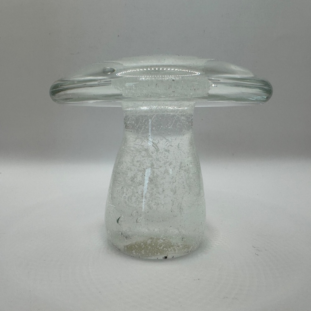 Contemporary art glass mushroom paperweight clear glass with bubbles.